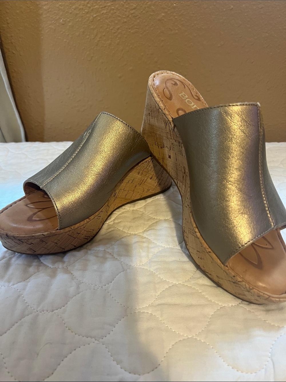 Born Metallic Bronze Cork Wedge Slide Sandals